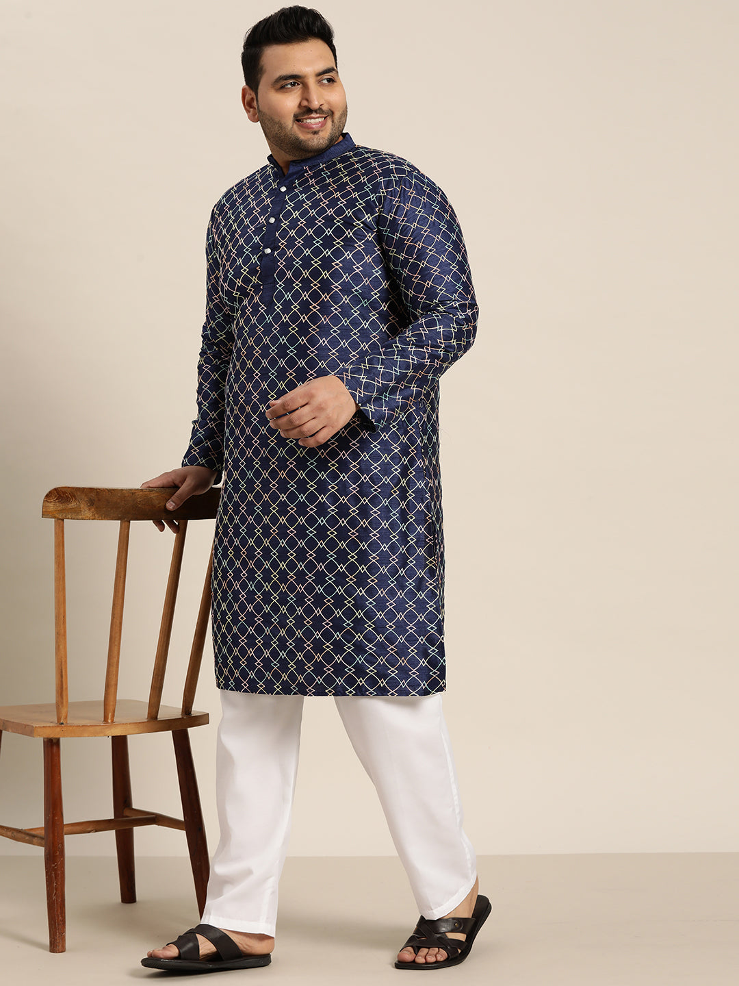 Men's Navy Blue Silk Blend Long Kurta With Multi Color Embroidery