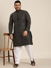 Men's Black Silk Blend Long Kurta With Multi Color Embroidery