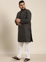 Men's Black Silk Blend Long Kurta With Multi Color Embroidery