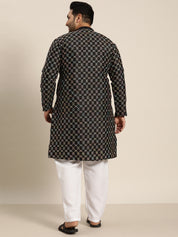 Men's Black Silk Blend Long Kurta With Multi Color Embroidery