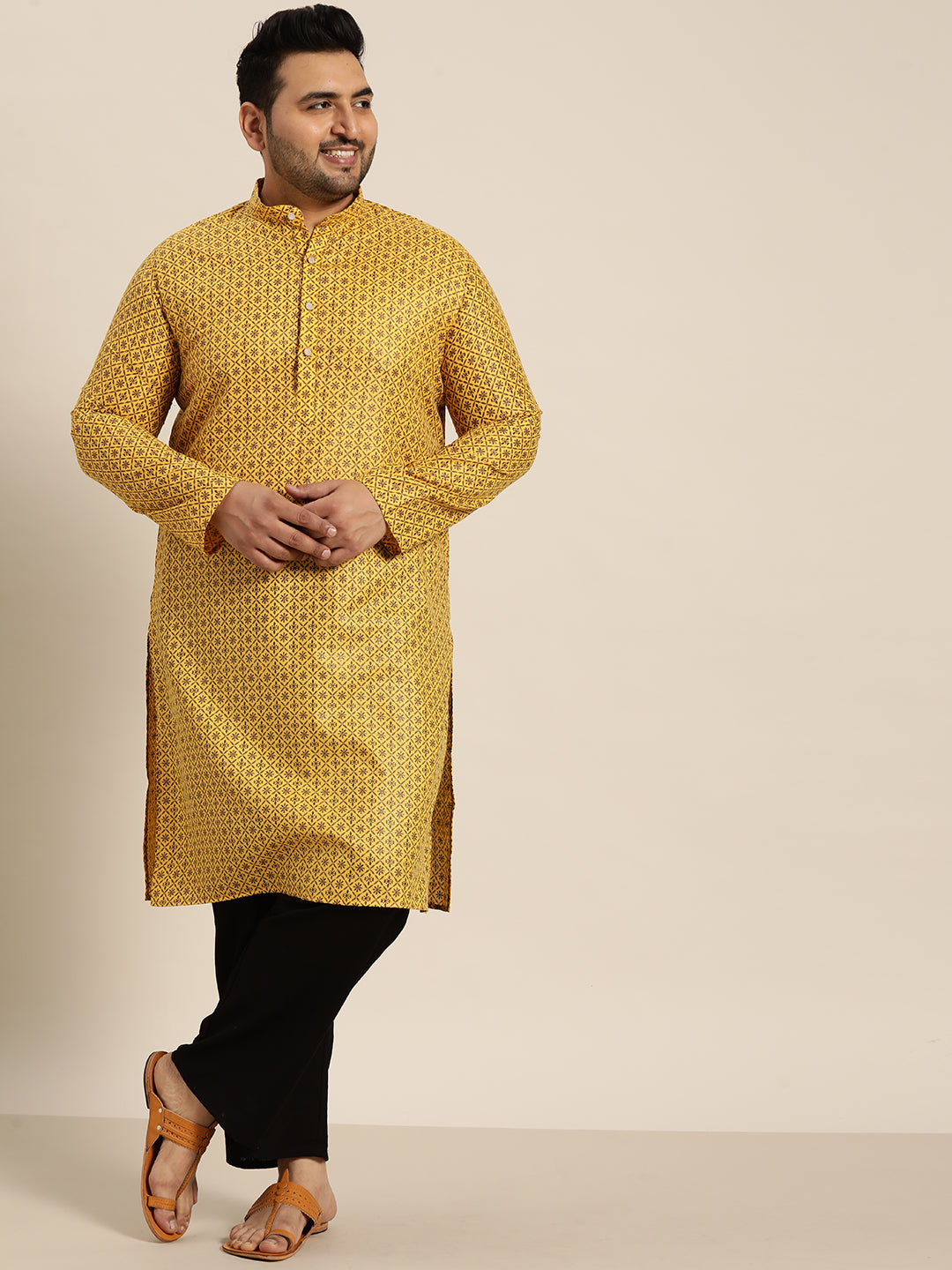 Men's Cotton Linen Mustard Foil Printed Only Long Kurta