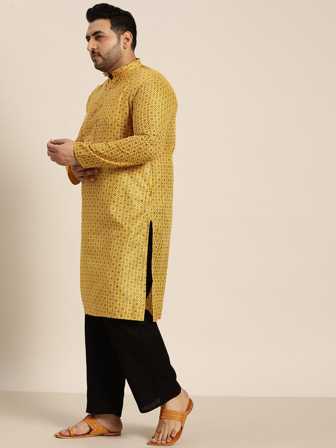 Men's Cotton Linen Mustard Foil Printed Only Long Kurta