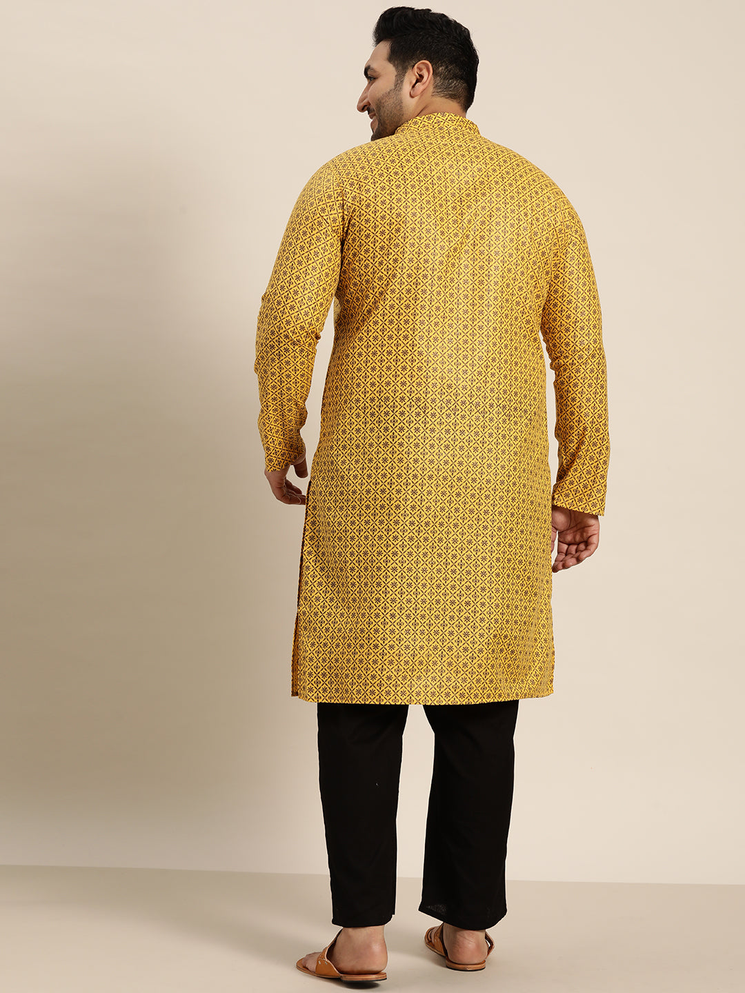 Men's Cotton Linen Mustard Foil Printed Only Long Kurta