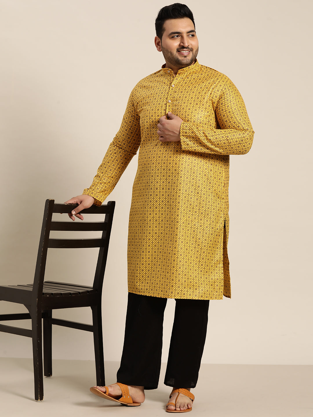 Men's Cotton Linen Mustard Foil Printed Only Long Kurta