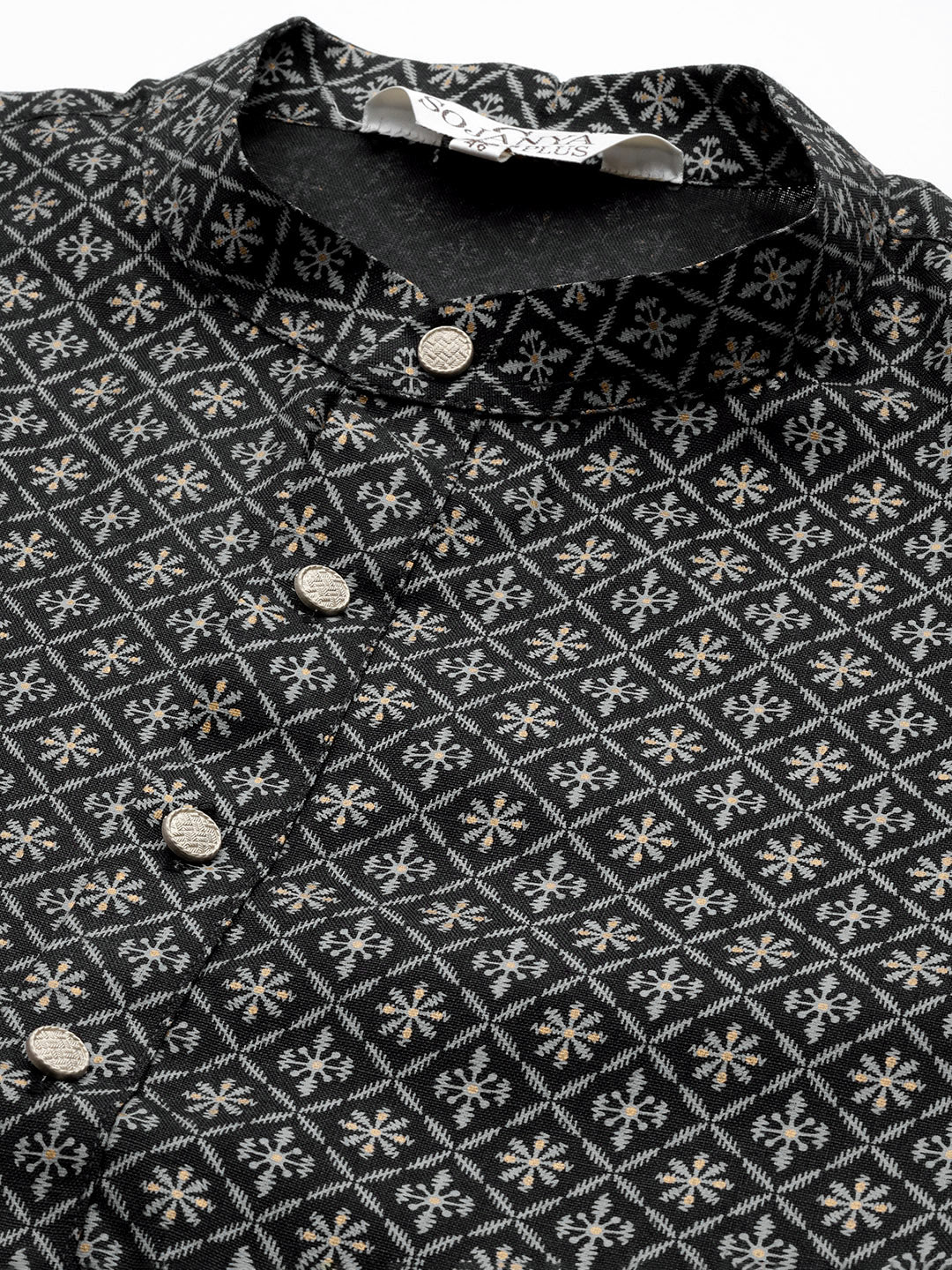 Men's Cotton Linen Black Foil Printed Only Long Kurta