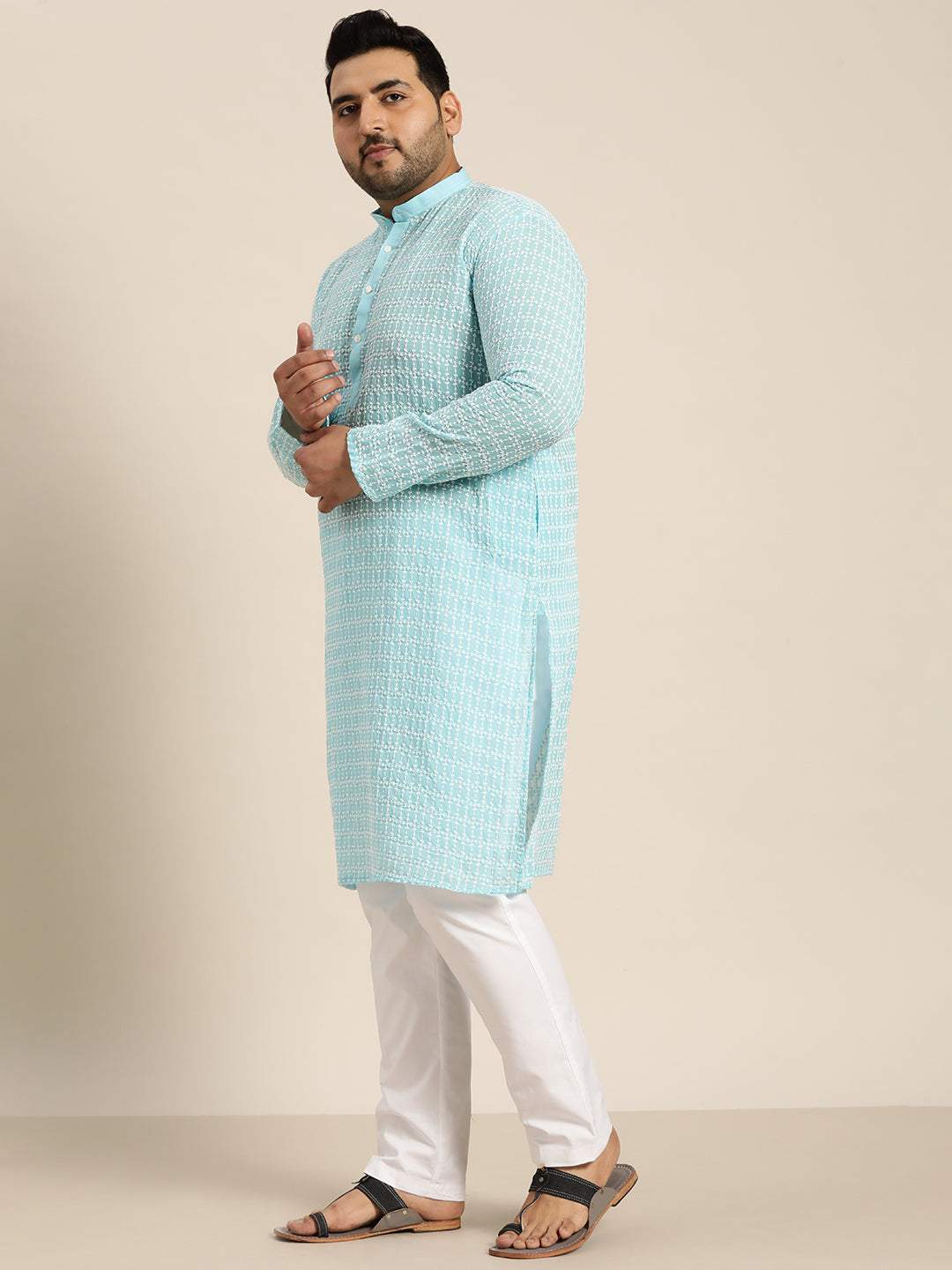 Men's Pure Cotton Blue Kurta with White Embroidery
