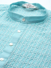 Men's Pure Cotton Blue Kurta with White Embroidery