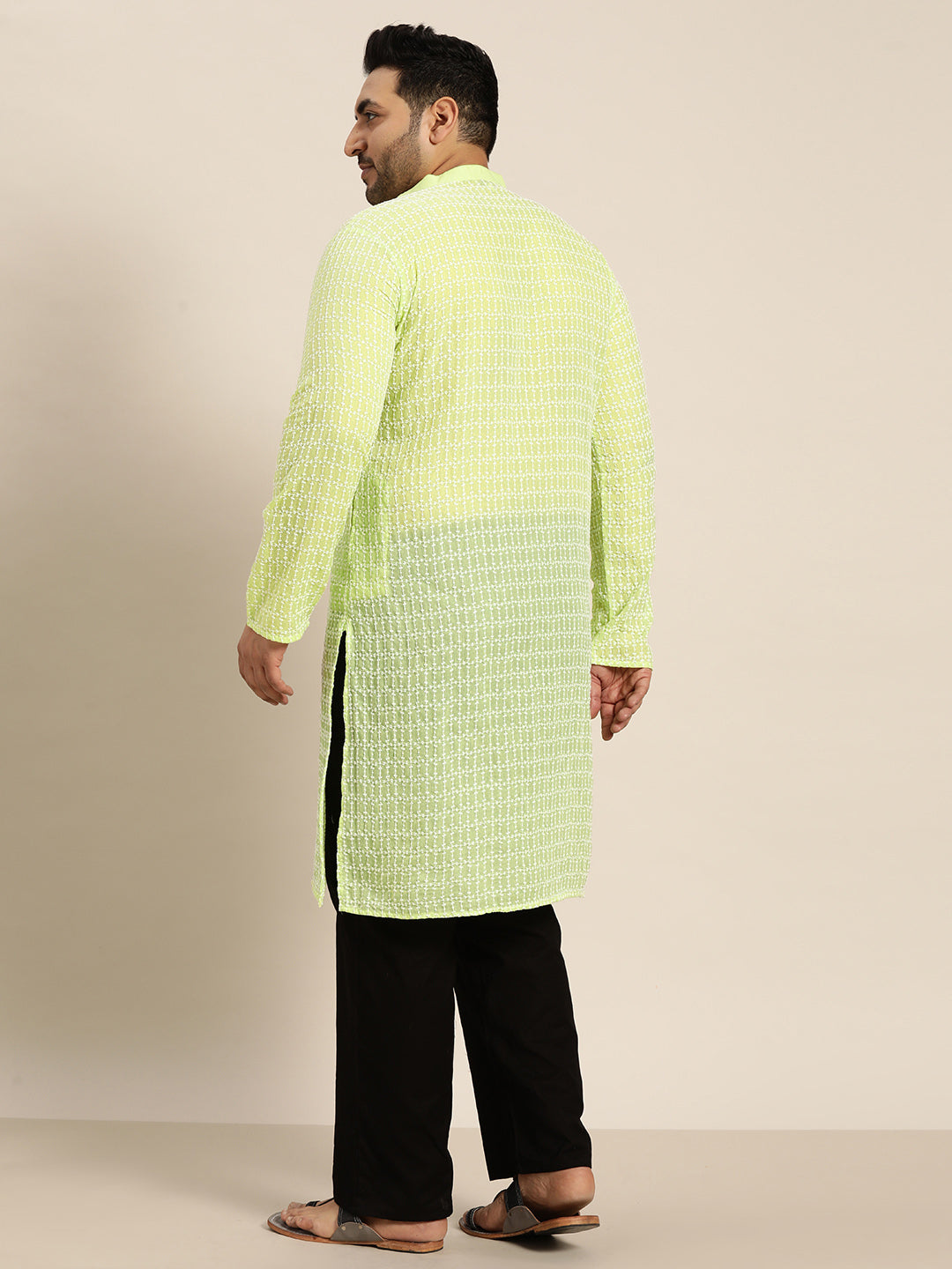 Men's Pure Cotton Green Kurta with White Embroidery