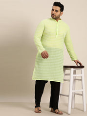 Men's Pure Cotton Green Kurta with White Embroidery