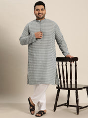 Men's Pure Cotton Grey Kurta with White Embroidery