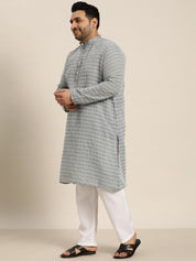 Men's Pure Cotton Grey Kurta with White Embroidery