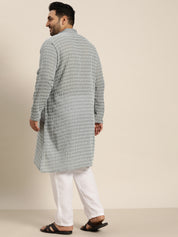 Men's Pure Cotton Grey Kurta with White Embroidery