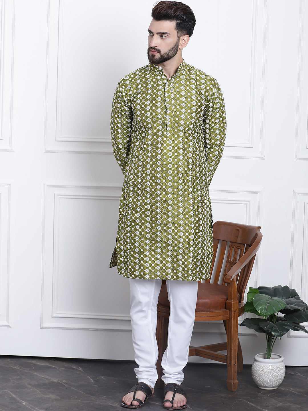 Men's Silk Blend Dark Green Embroidered Kurta & White Churidar Pyjama Set