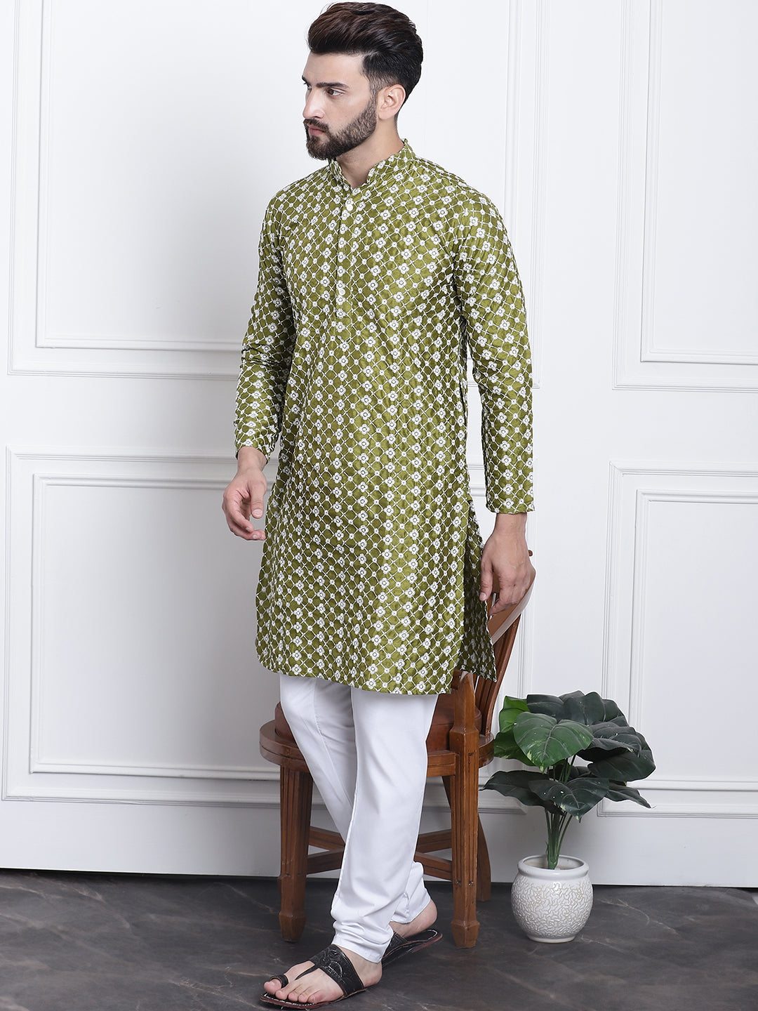 Men's Silk Blend Dark Green Embroidered Kurta & White Churidar Pyjama Set