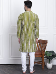 Men's Silk Blend Dark Green Embroidered Kurta & White Churidar Pyjama Set