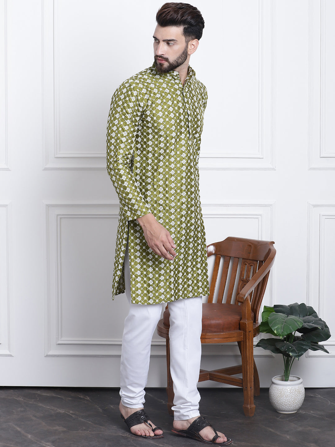 Men's Silk Blend Dark Green Embroidered Kurta & White Churidar Pyjama Set