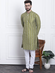 Men's Silk Blend Dark Green Embroidered Kurta & White Churidar Pyjama Set