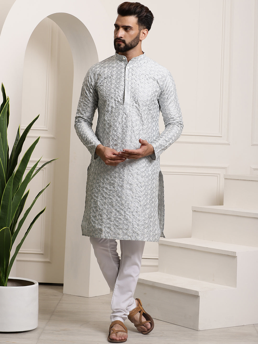 Men's Silk Blend Light Grey Embroidered Kurta & White Churidar Pyjama Set