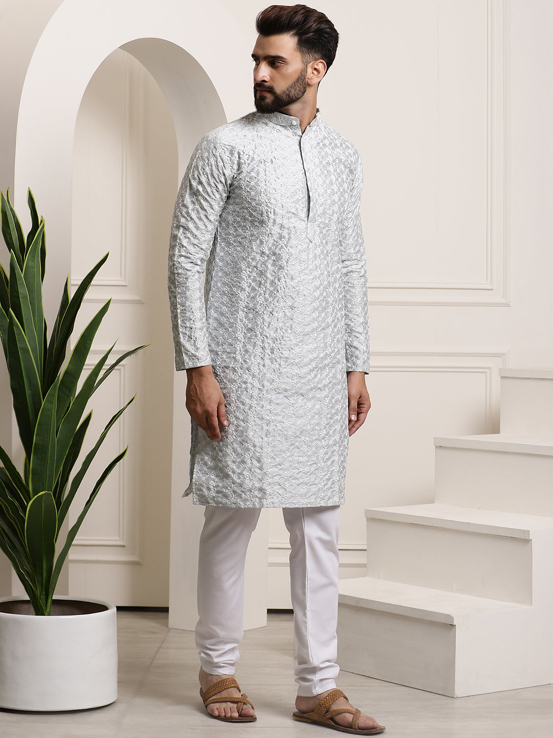 Men's Silk Blend Light Grey Embroidered Kurta & White Churidar Pyjama Set