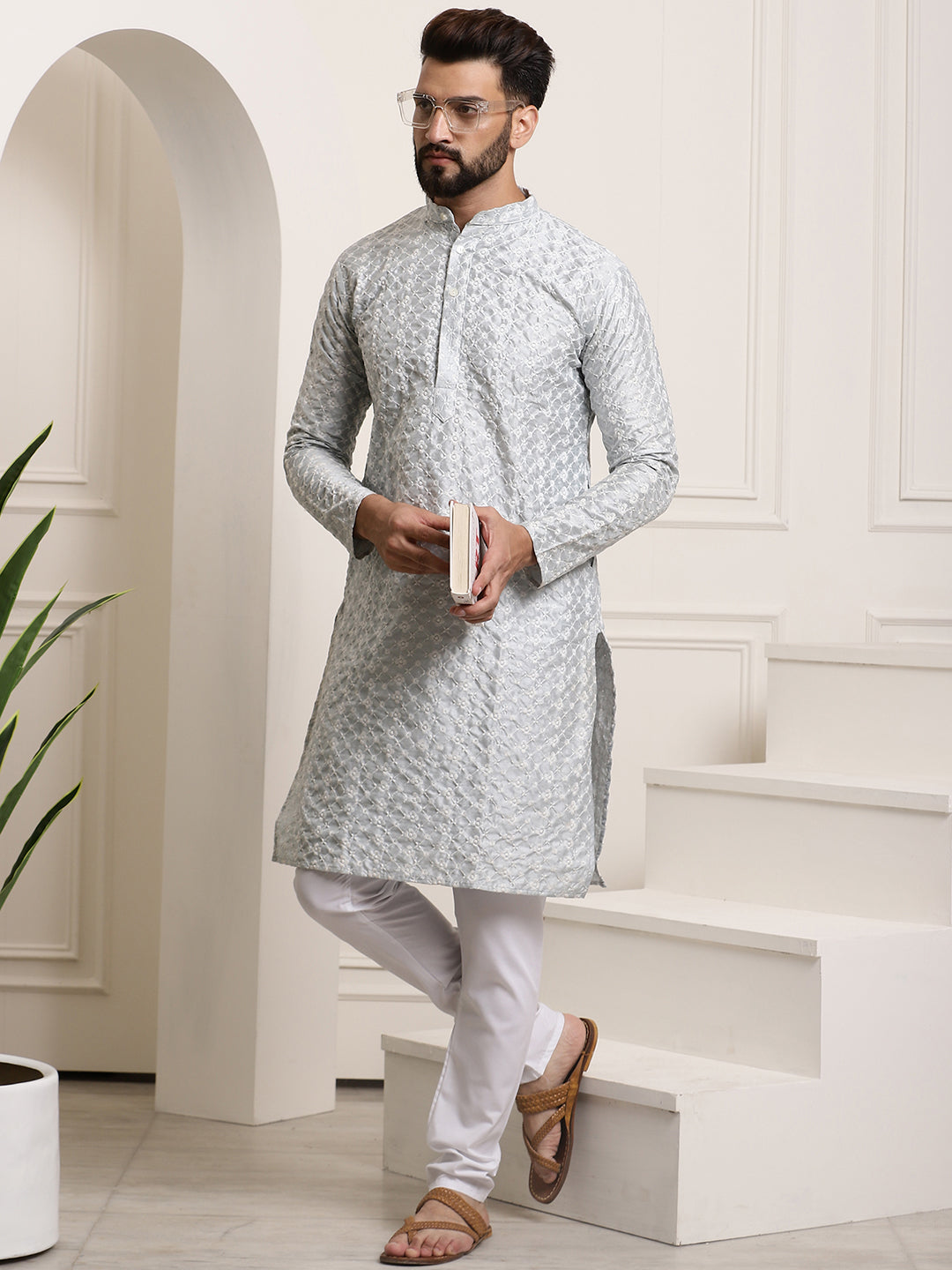 Men's Silk Blend Light Grey Embroidered Kurta & White Churidar Pyjama Set