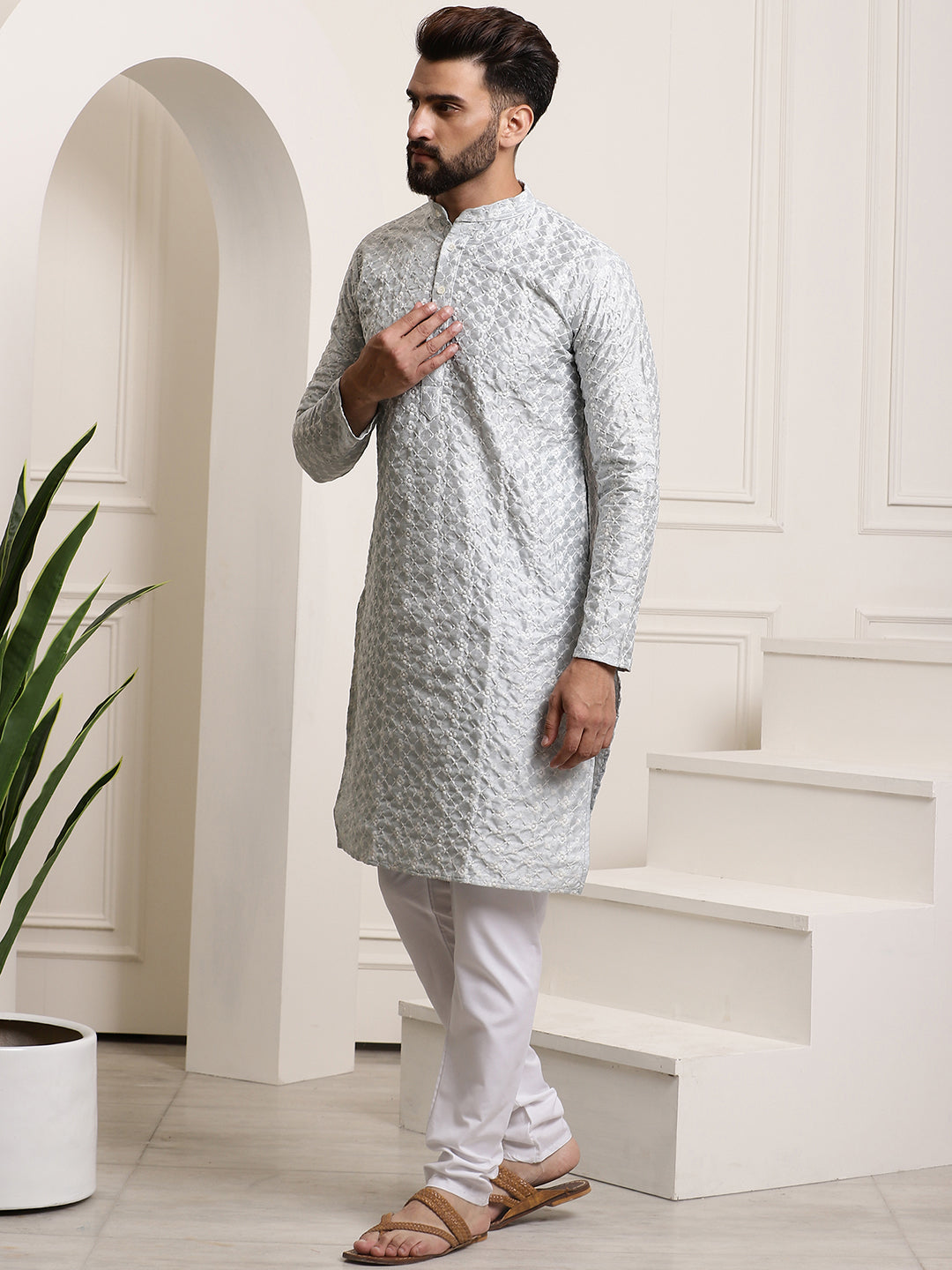 Men's Silk Blend Light Grey Embroidered Kurta & White Churidar Pyjama Set