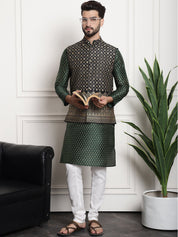 Men's Silk Blend Dark Green Kurta and Off-White Pyjama With Black Nehru Jacket