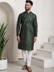 Men's Silk Blend Dark Green Kurta and Off-White Pyjama With Black Nehru Jacket