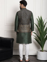 Men's Silk Blend Dark Green Kurta and Off-White Pyjama With Black Nehru Jacket