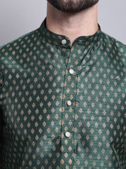 Men's Silk Blend Dark Green Kurta and Off-White Pyjama With Black Nehru Jacket