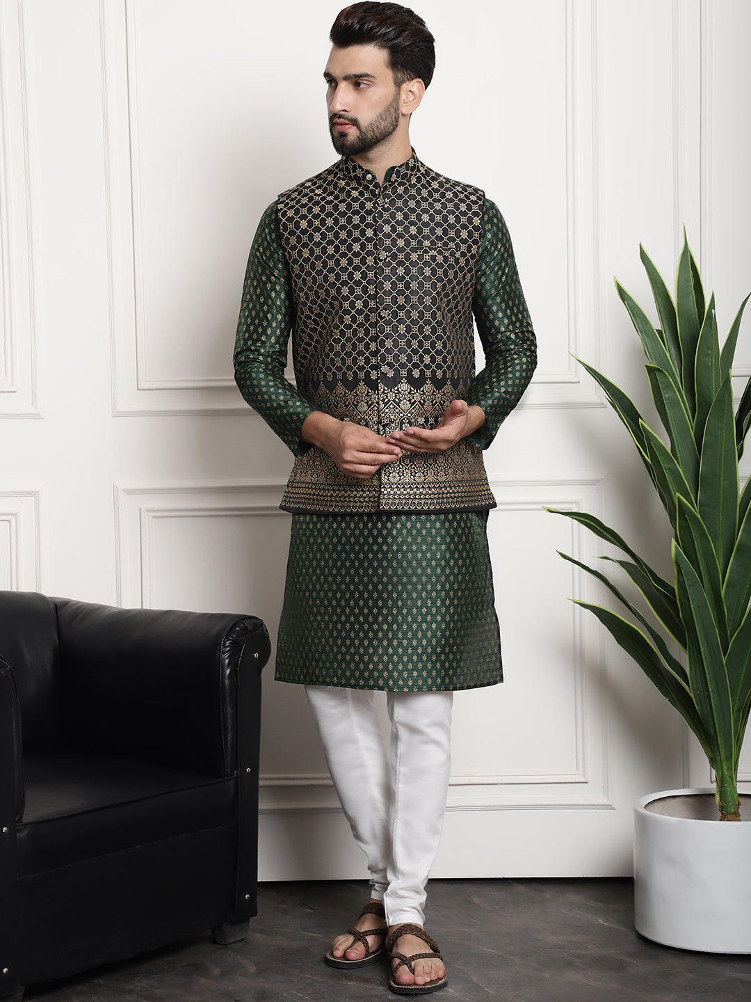 Men's Silk Blend Dark Green Kurta and Off-White Pyjama With Black Nehru Jacket