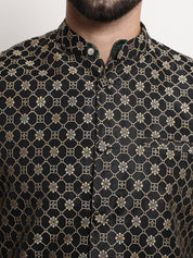 Men's Silk Blend Dark Green Kurta and Off-White Pyjama With Black Nehru Jacket