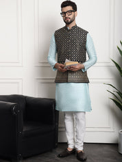 Men's Silk Blend Sky Blue Kurta and Off-White Pyjama With Black Nehru Jacket
