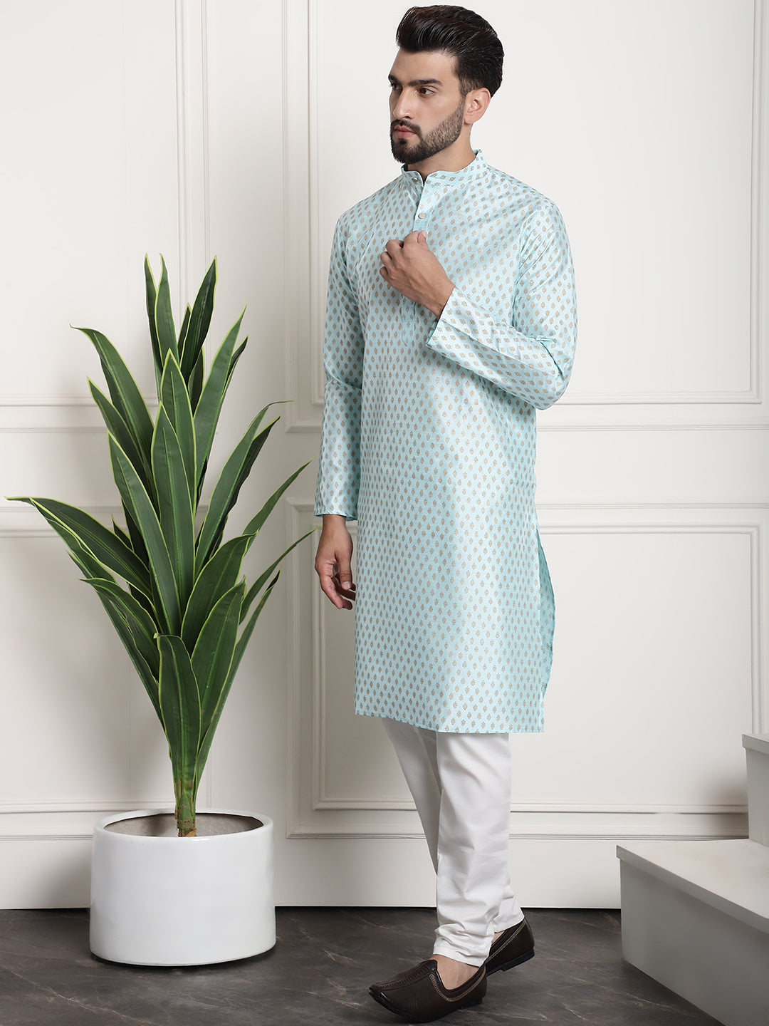 Men's Silk Blend Sky Blue Kurta and Off-White Pyjama With Black Nehru Jacket