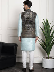 Men's Silk Blend Sky Blue Kurta and Off-White Pyjama With Black Nehru Jacket