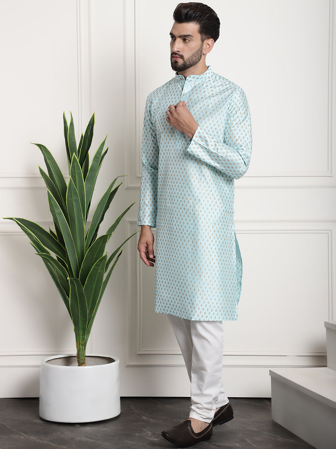 Men's Silk Blend Sky Blue Kurta and Off-White Pyjama With Cream Nehru Jacket