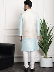Men's Silk Blend Sky Blue Kurta and Off-White Pyjama With Cream Nehru Jacket