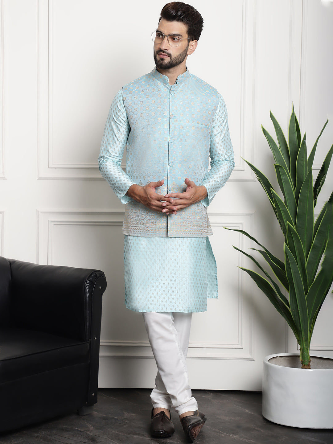 Men's Silk Blend Sky Blue Kurta and Off-White Pyjama With Blue Nehru Jacket