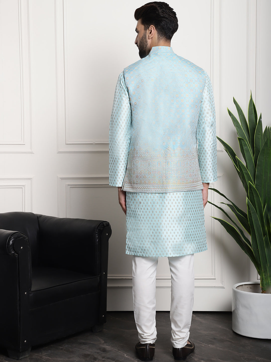 Men's Silk Blend Sky Blue Kurta and Off-White Pyjama With Blue Nehru Jacket