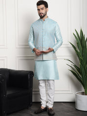 Men's Silk Blend Sky Blue Kurta and Off-White Pyjama With Blue Nehru Jacket