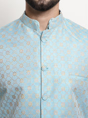 Men's Silk Blend Sky Blue Kurta and Off-White Pyjama With Blue Nehru Jacket