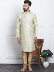 Men's Silk Blend Embroidered Pista Kurta with Gold Churidaar Pyjama