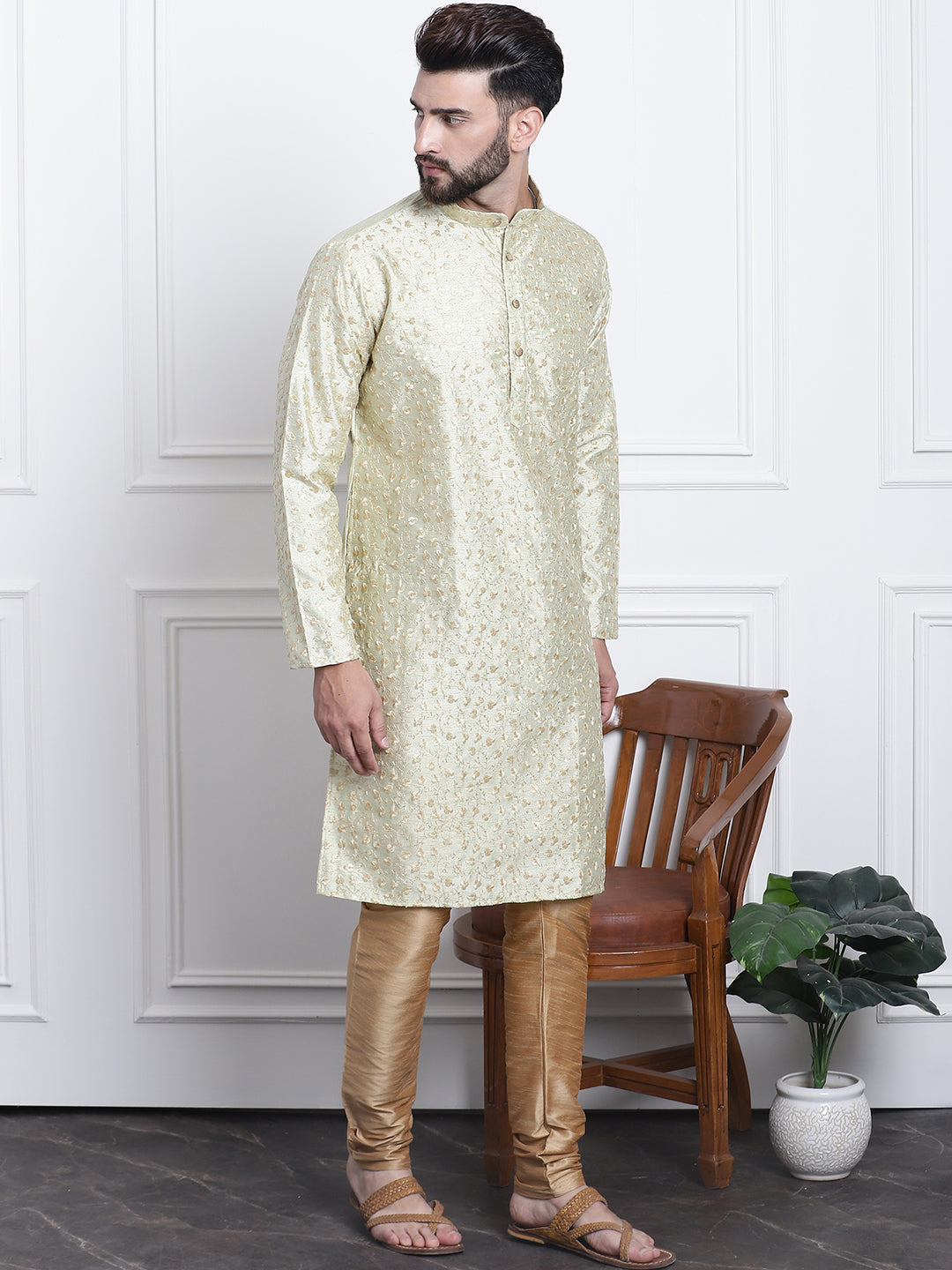 Men's Silk Blend Embroidered Pista Kurta with Gold Churidaar Pyjama