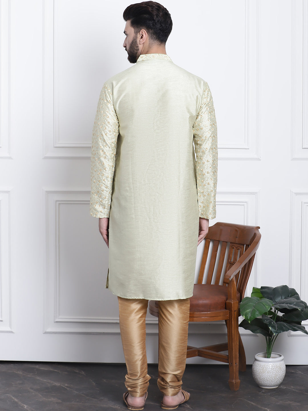 Men's Silk Blend Embroidered Pista Kurta with Gold Churidaar Pyjama