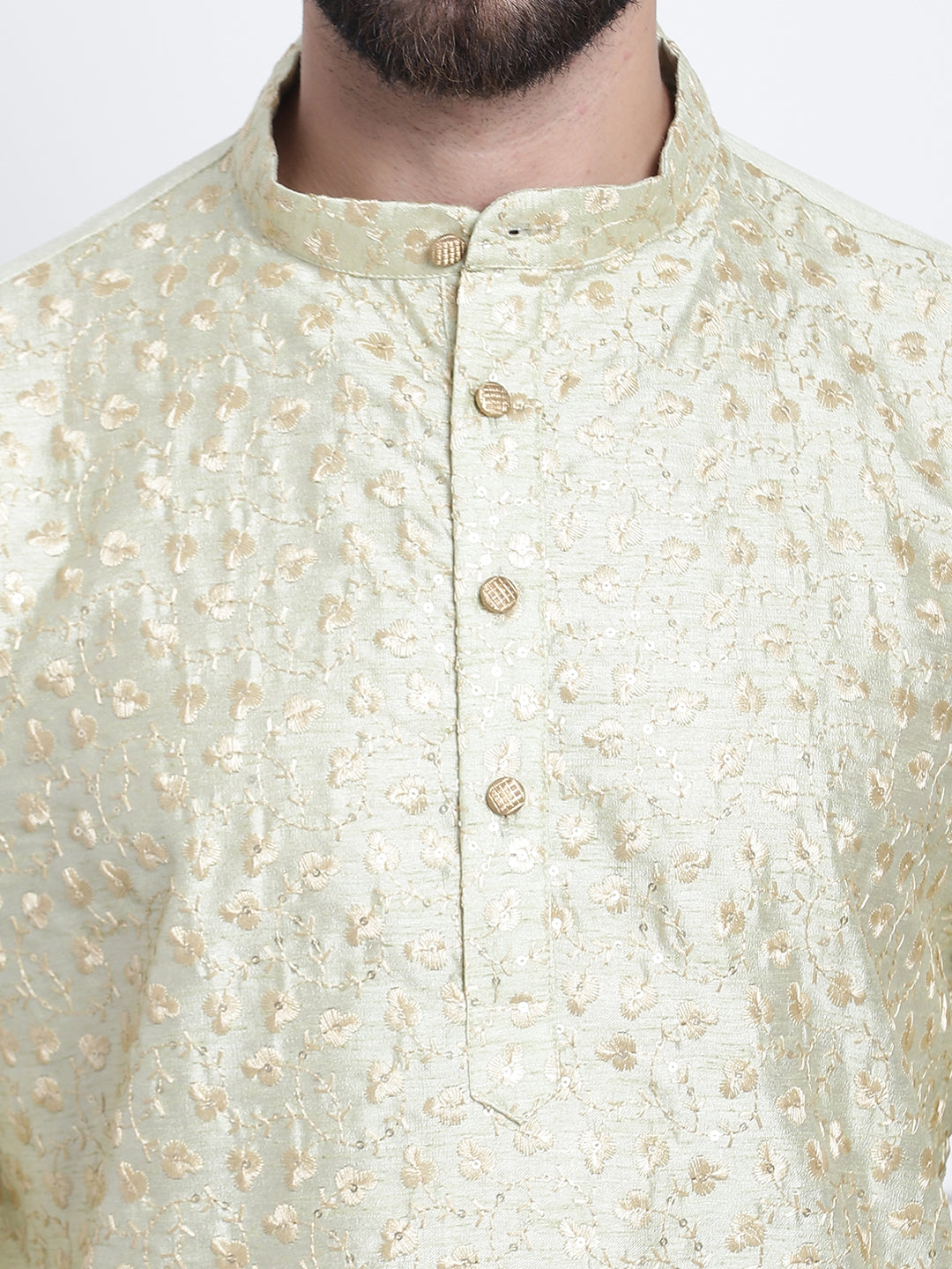 Men's Silk Blend Embroidered Pista Kurta with Gold Churidaar Pyjama