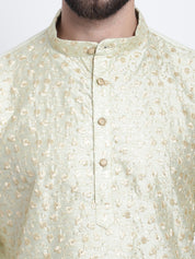 Men's Silk Blend Embroidered Pista Kurta with Gold Churidaar Pyjama