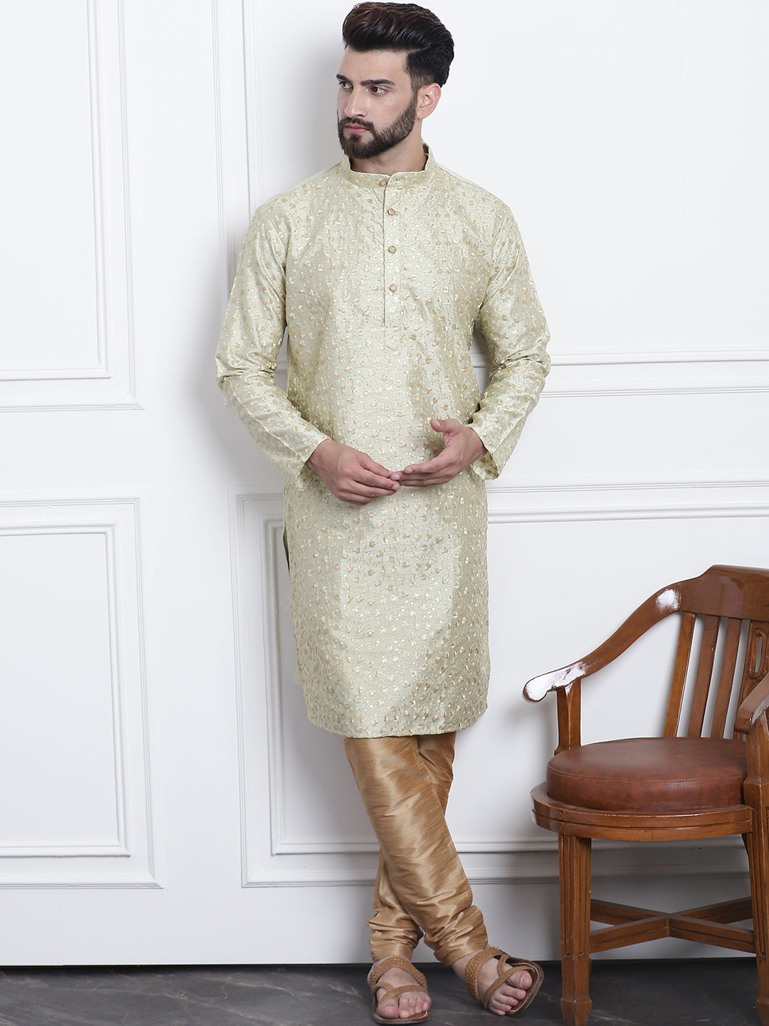 Men's Silk Blend Embroidered Pista Kurta with Gold Churidaar Pyjama