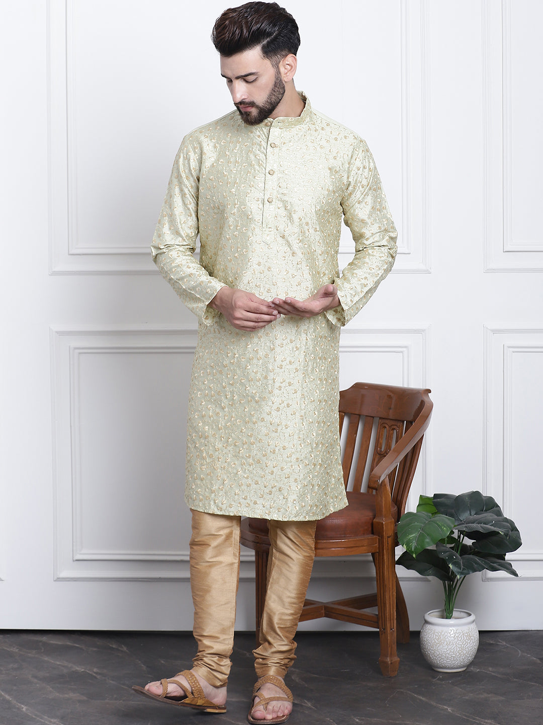 Men's Silk Blend Embroidered Pista Kurta with Gold Churidaar Pyjama