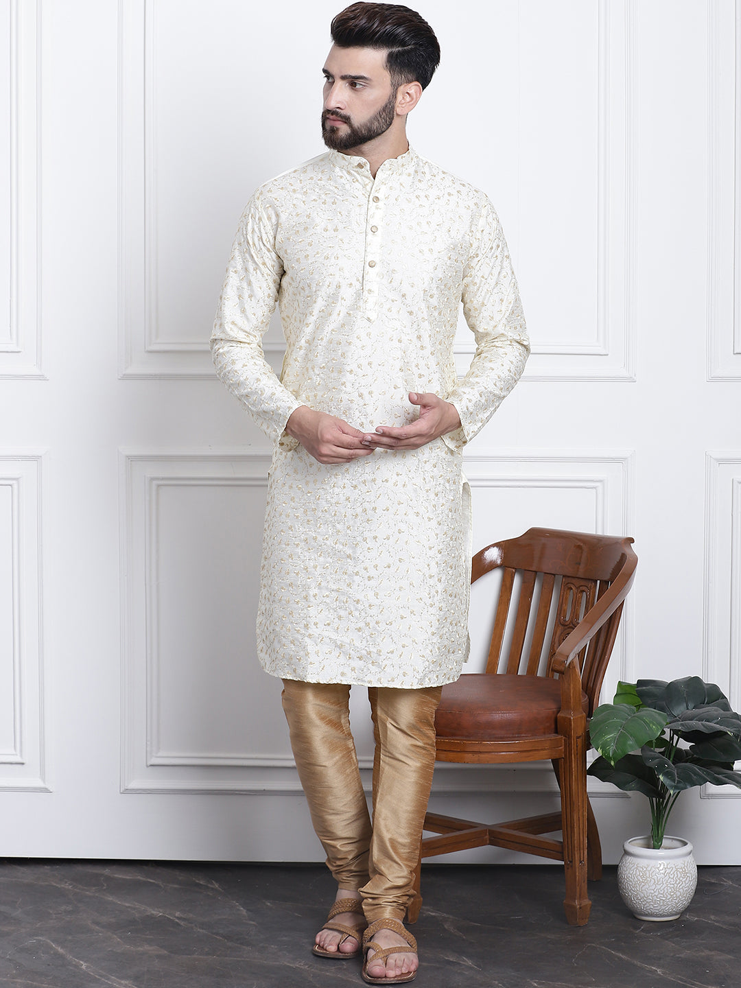 Men's Silk Blend Cream Embroidered Kurta & Gold Churidaar Pyjama Set