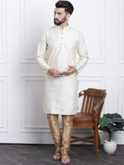 Men's Silk Blend Embroidered Cream Kurta with Gold Churidaar Pyjama