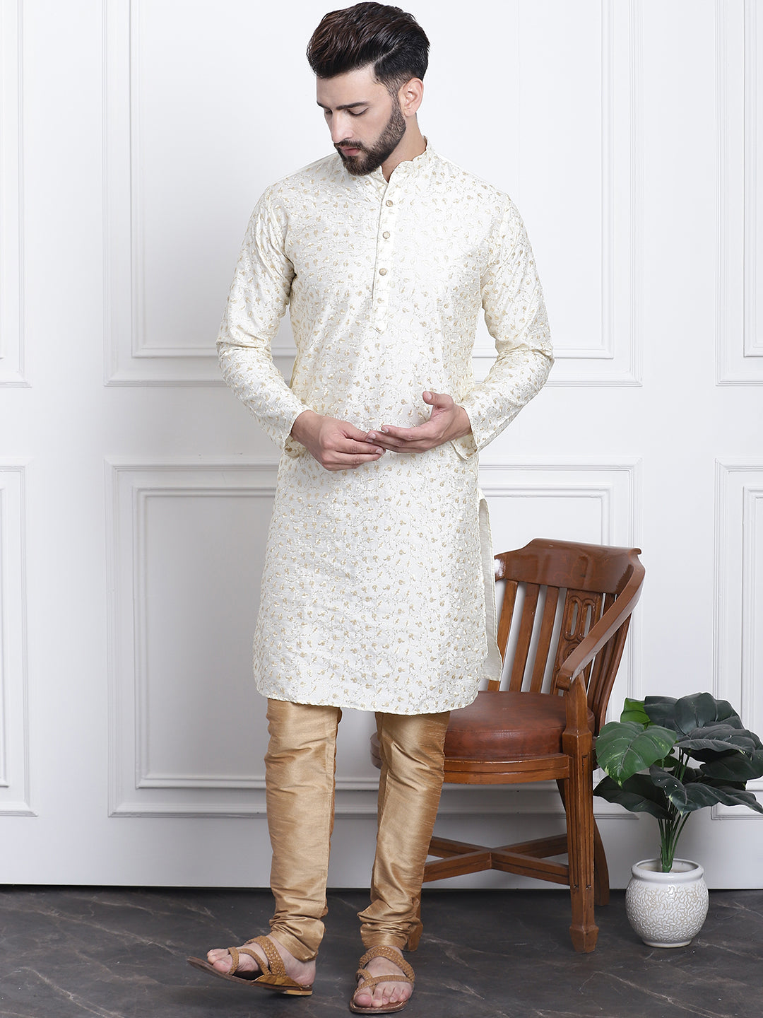 Men's Silk Blend Embroidered Cream Kurta with Gold Churidaar Pyjama